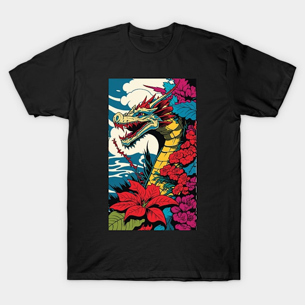 Dragon Vibrant Tropical Flower Tall Retro Vintage Digital Pop Art Portrait T-Shirt by ArtHouseFlunky